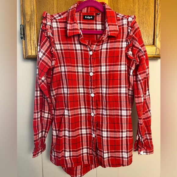 Kidpik Red Plaid Flannel butt-down long sleeve shirt with ruffle, Girl’s L (12) - Picture 1 of 4